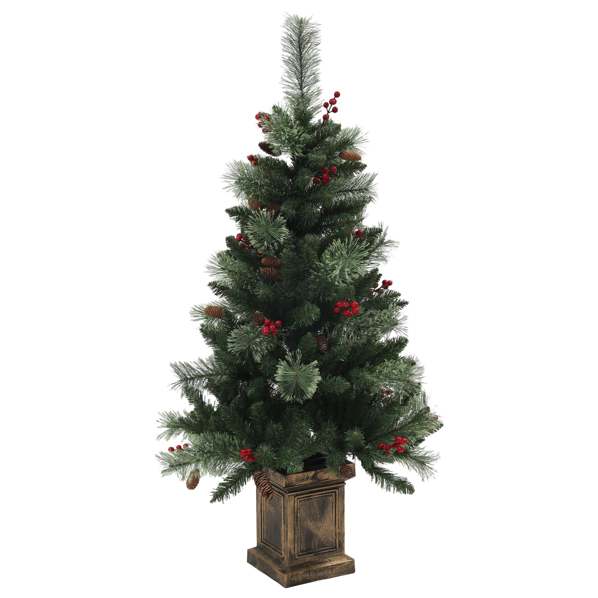 HOMCOM 4ft Pre-Lit Artificial Christmas Tree with 100 LED Lights, Red Berries, Pine Cones, and Retro Base - Green - ALL4U RETAILER LTD