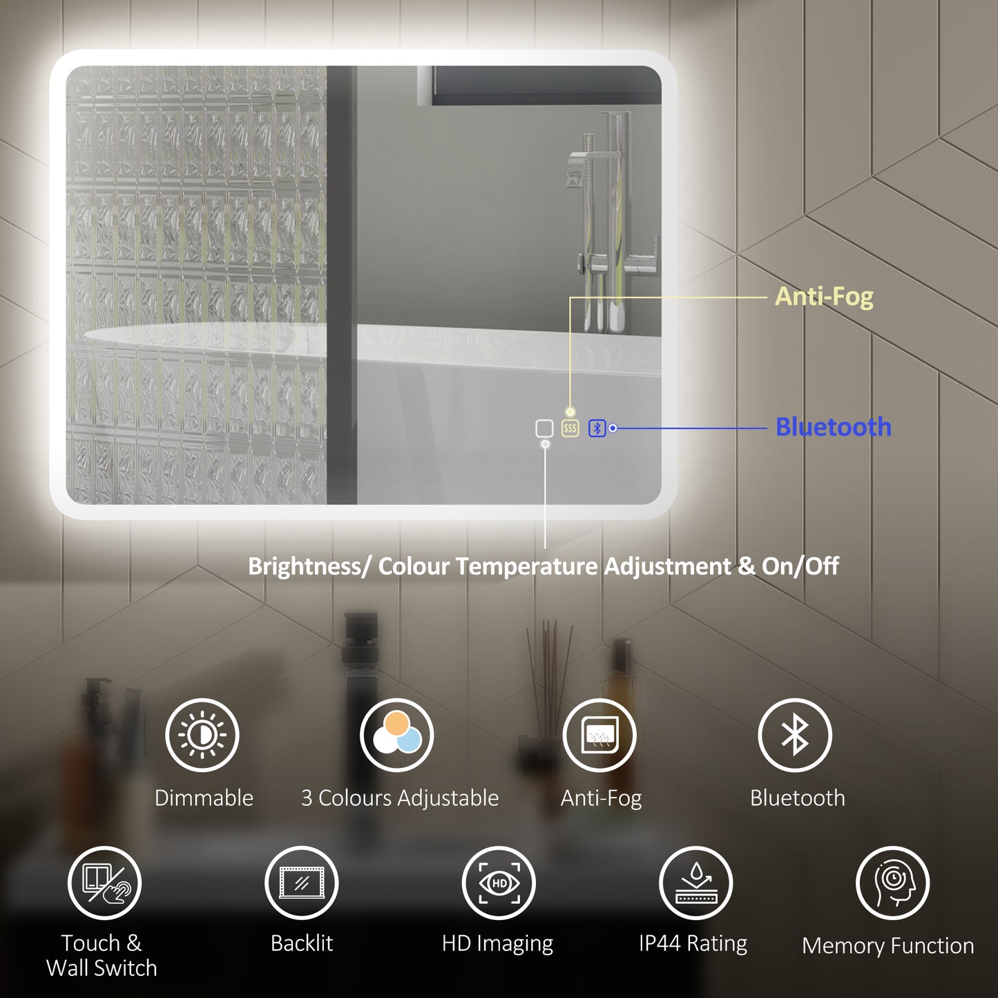 HOMCOM 80x60cm LED Bathroom Mirror With Bluetooth Demister Pad Adjustable Brightness Three Light Modes Silver Tone