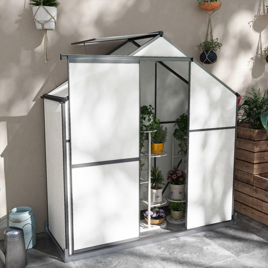 Outsunny 6 x 2.5ft Polycarbonate Greenhouse Walk-In Green House with Rain Gutter, Sliding Door, Window, Foundation, Dark Grey - ALL4U RETAILER LTD