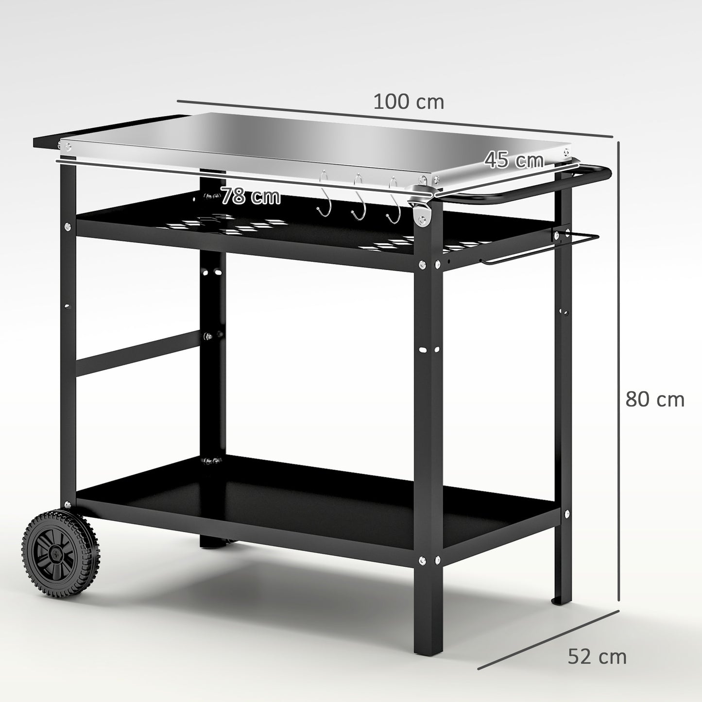 Outsunny Outdoor BBQ Trolley With Stainless Steel Top Adjustable Shelf Movable Grill Cart With Hooks Cover Black