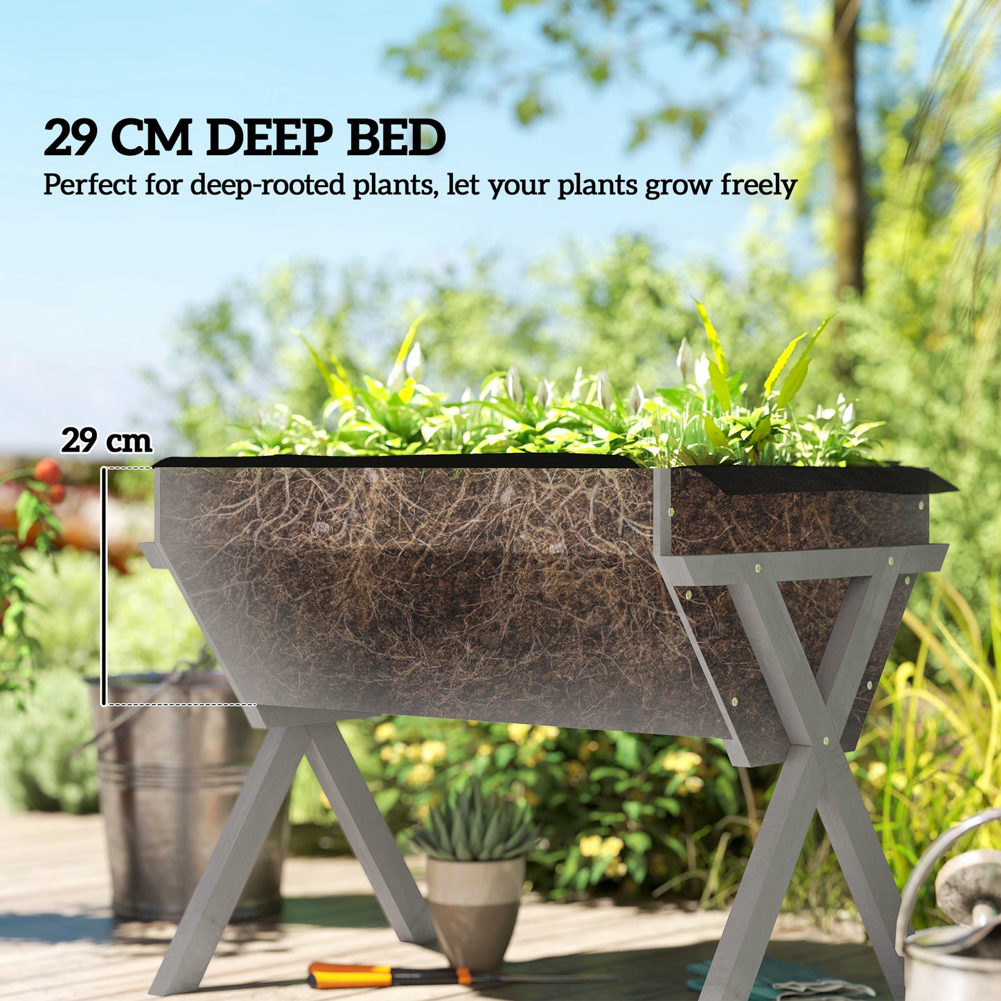 Outsunny Wooden Raised Garden Bed With Liner Bag And Legs Light Grey 29 X 91 Cm