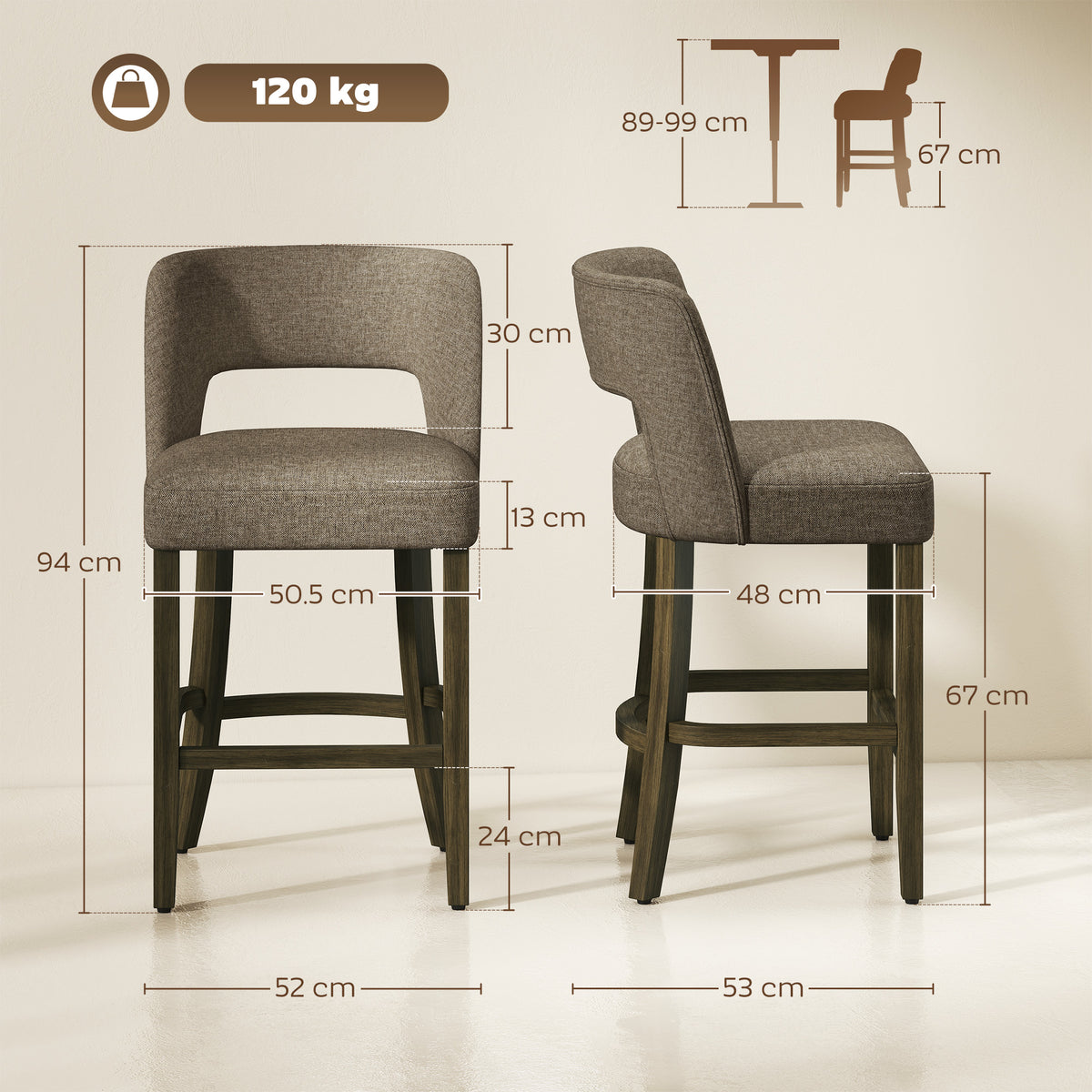 Set of 2 counter-height bar stools with curved backs; shown with seat and height dimensions