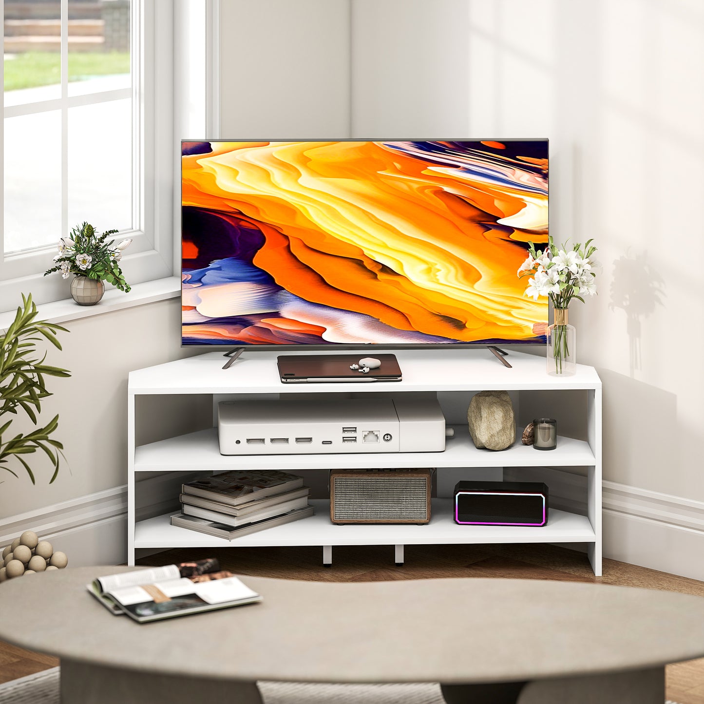 HOMCOM Corner TV Stand For 47 Inch TV With Two Open Shelves White Finish For Modern Living Room