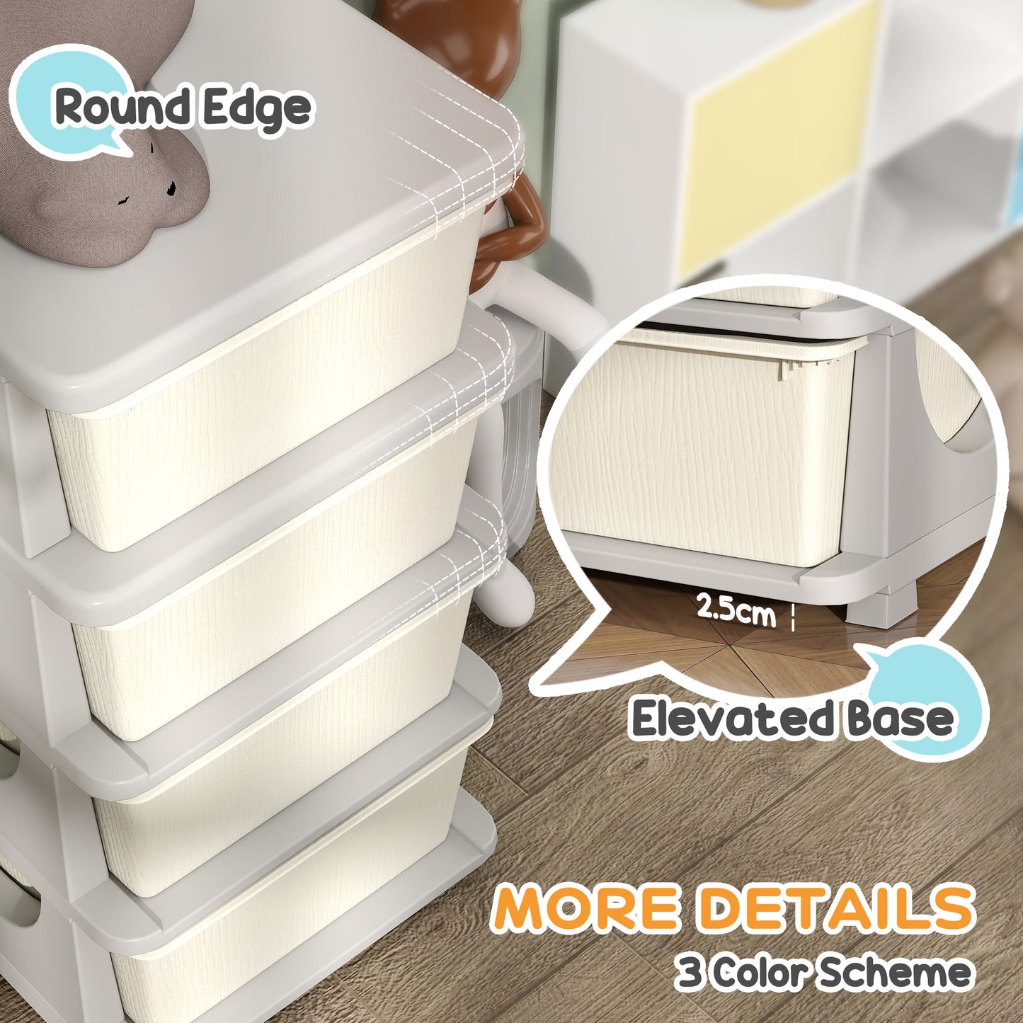 HOMCOM Four Tier Kids Storage Boxes With Four Drawers White PP Material Toy Organizer For Playroom
