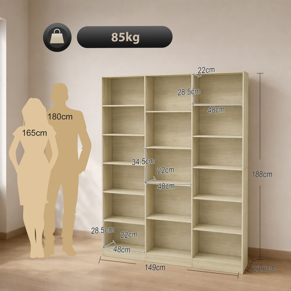 Homcom 6 Tier Oak Bookcase With Open Storage And Anti Tipping Hardware