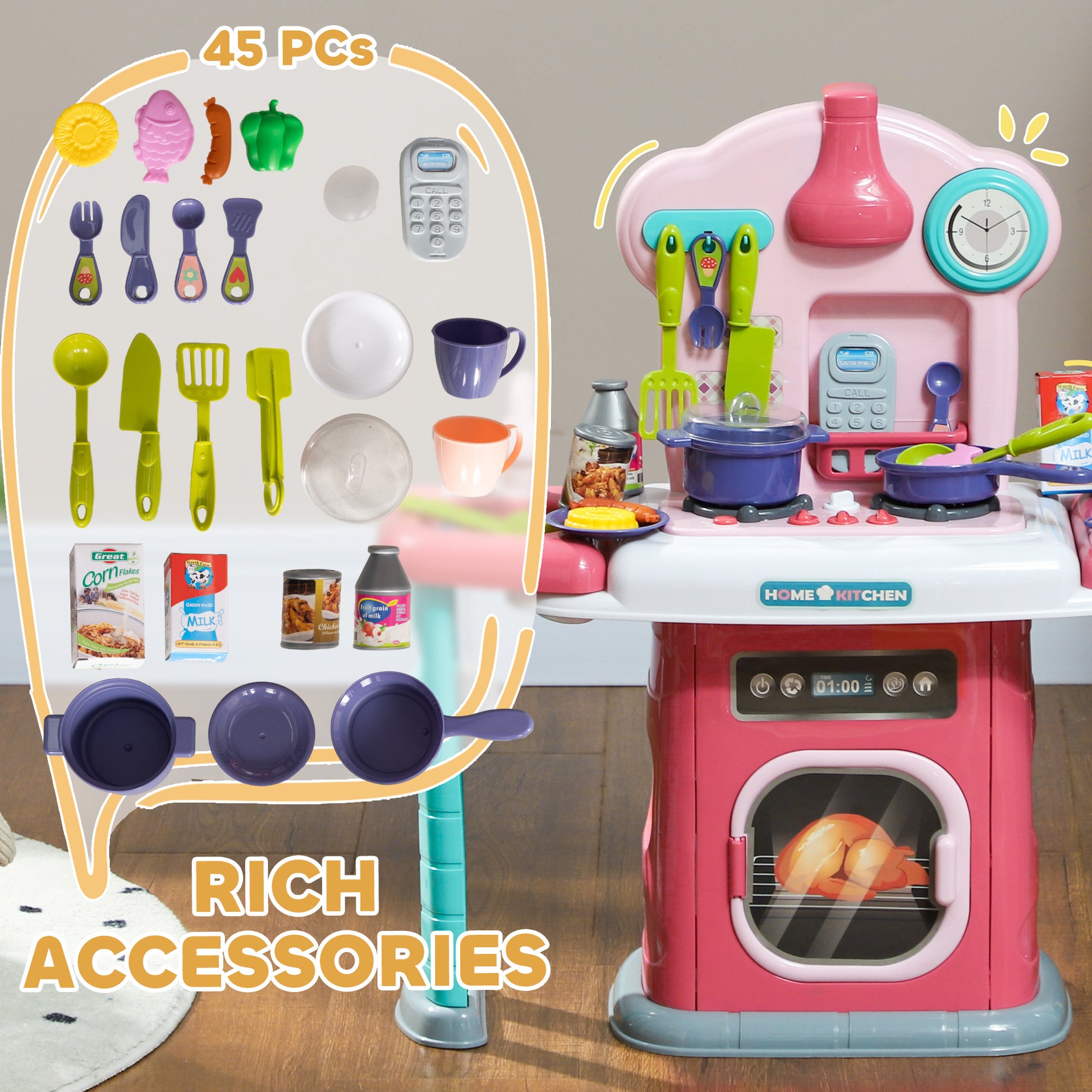 AIYAPLAY Toddler Pretend Play Kitchen Set with 45 Accessories, Light, Sound, and Spray Effects - Pink Kitchen for Kids Aged 3-6 Years - ALL4U RETAILER LTD