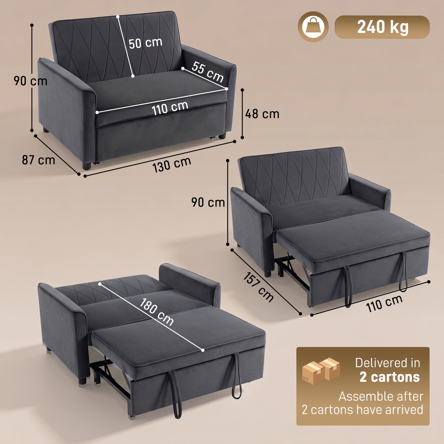 HOMCOM 2 Seater Sofa Bed 3 In 1 Convertible Pull Out Sleeper Sofa With Clik Clack Adjustable Backrest Dark Grey