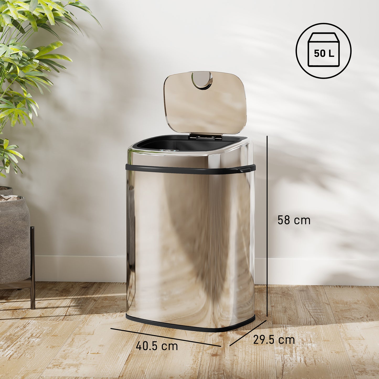 HOMCOM 50L Stainless Steel Sensor Bin Hands Free Lid Silver Tone Smart Kitchen Bin