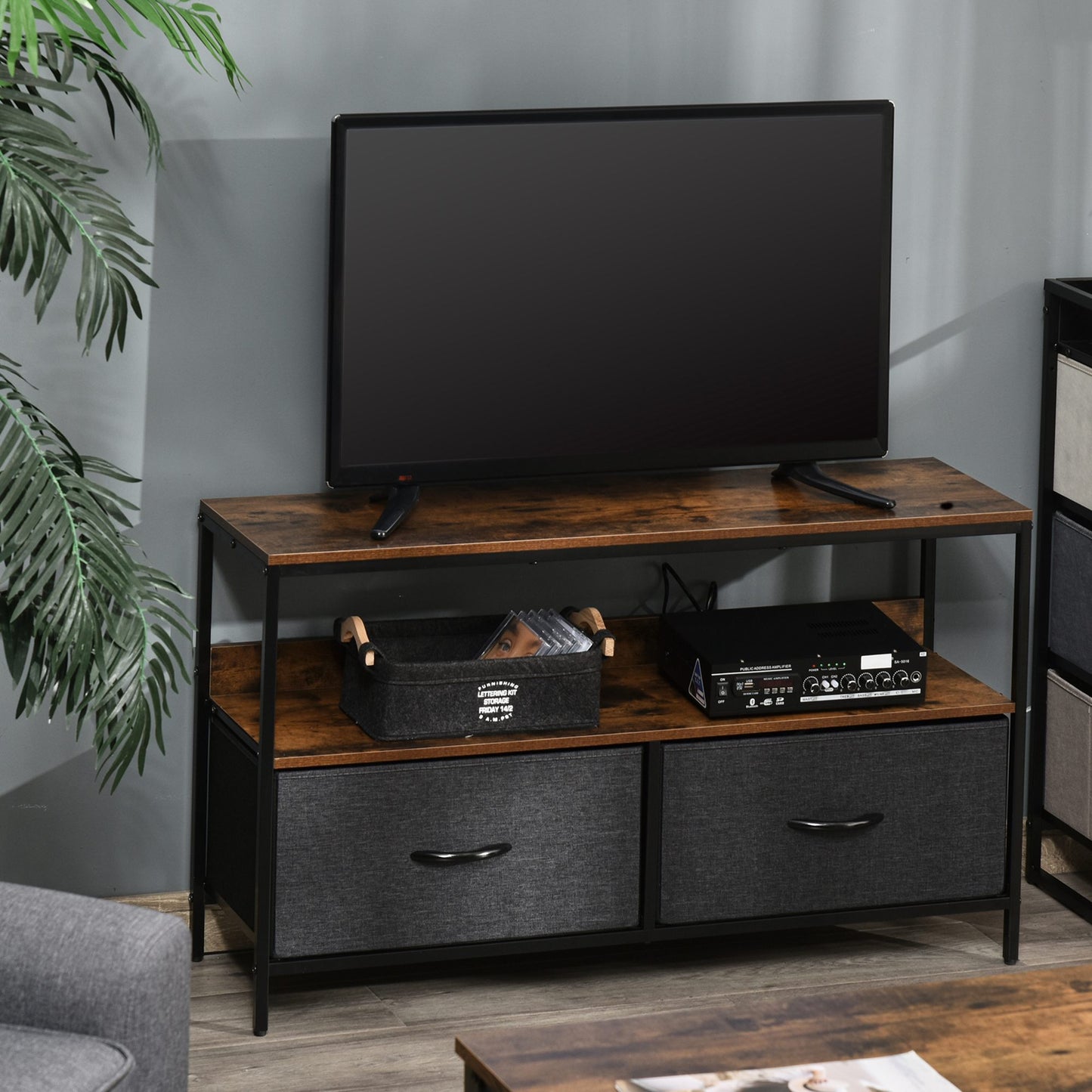 HOMCOM Rustic Brown TV Stand with 2 Foldable Linen Drawers and Open Shelving for Living Room and Entertainment Space - ALL4U RETAILER LTD