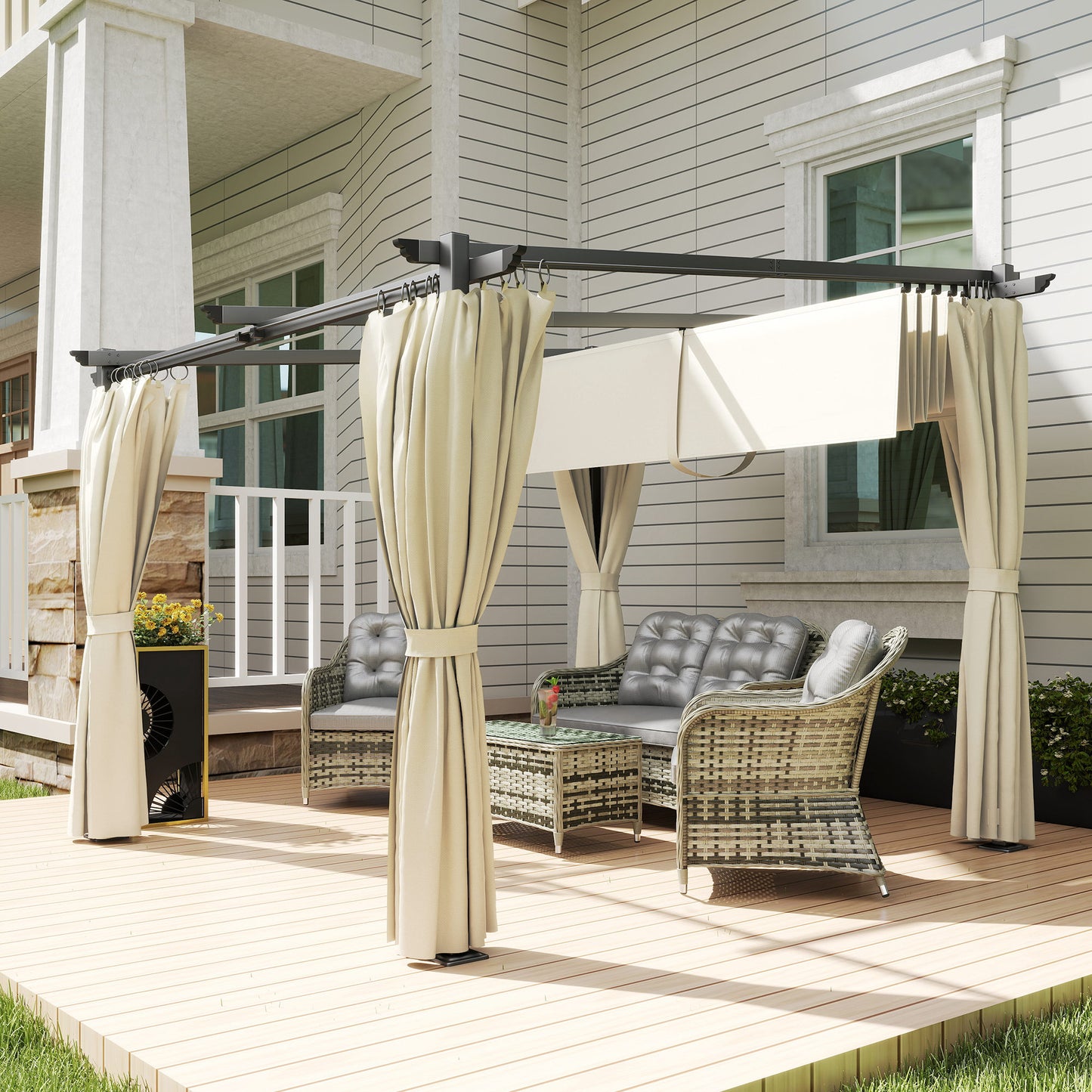 Outsunny 3 x 3 m Retractable Roof Pergola With Curtains Beige Outdoor Garden Patio Shade