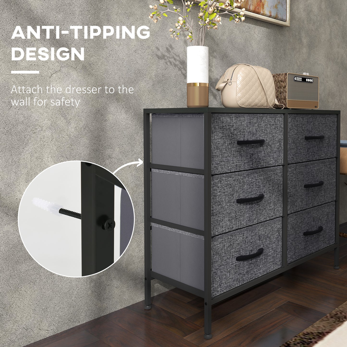 HOMCOM Fabric Chest Of Drawers With Steel Frame And Wooden Top Six Fabric Drawers Industrial Dresser Black