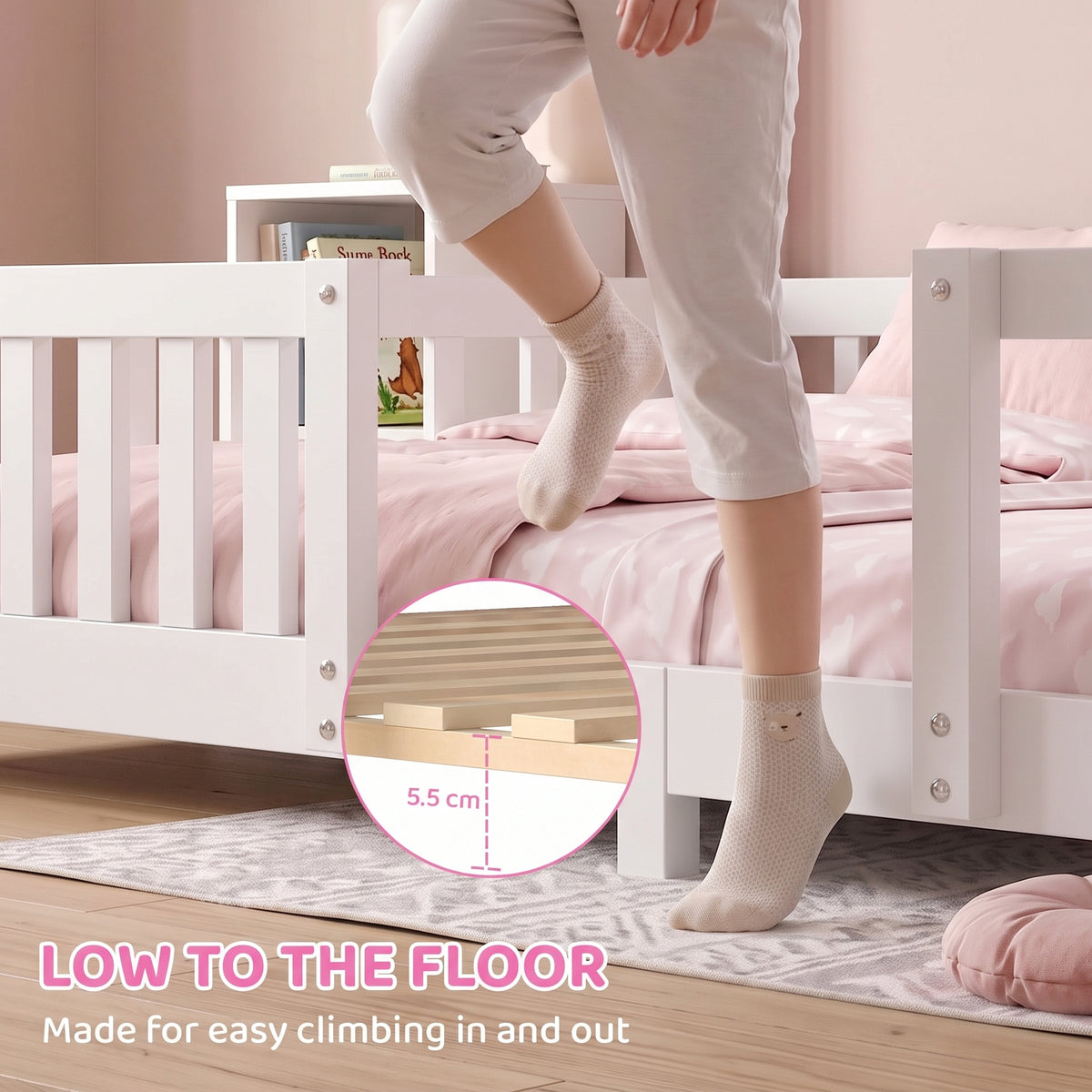 AIYAPLAY Solid Pine Wooden House Bed Frame for Kids with Dual Guardrails White