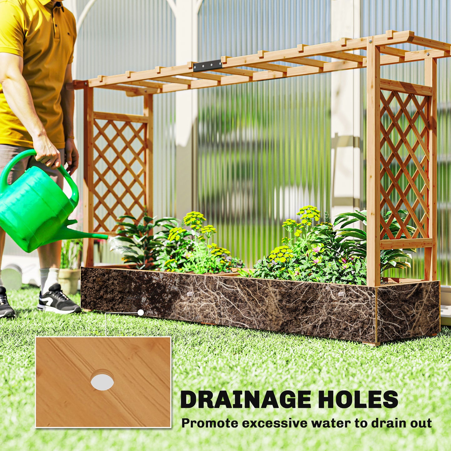 Outsunny Fir Wood Raised Planter With Trellis And Roof Drainage Holes Outdoor Garden Bed 175 X 39 Cm Planter Box