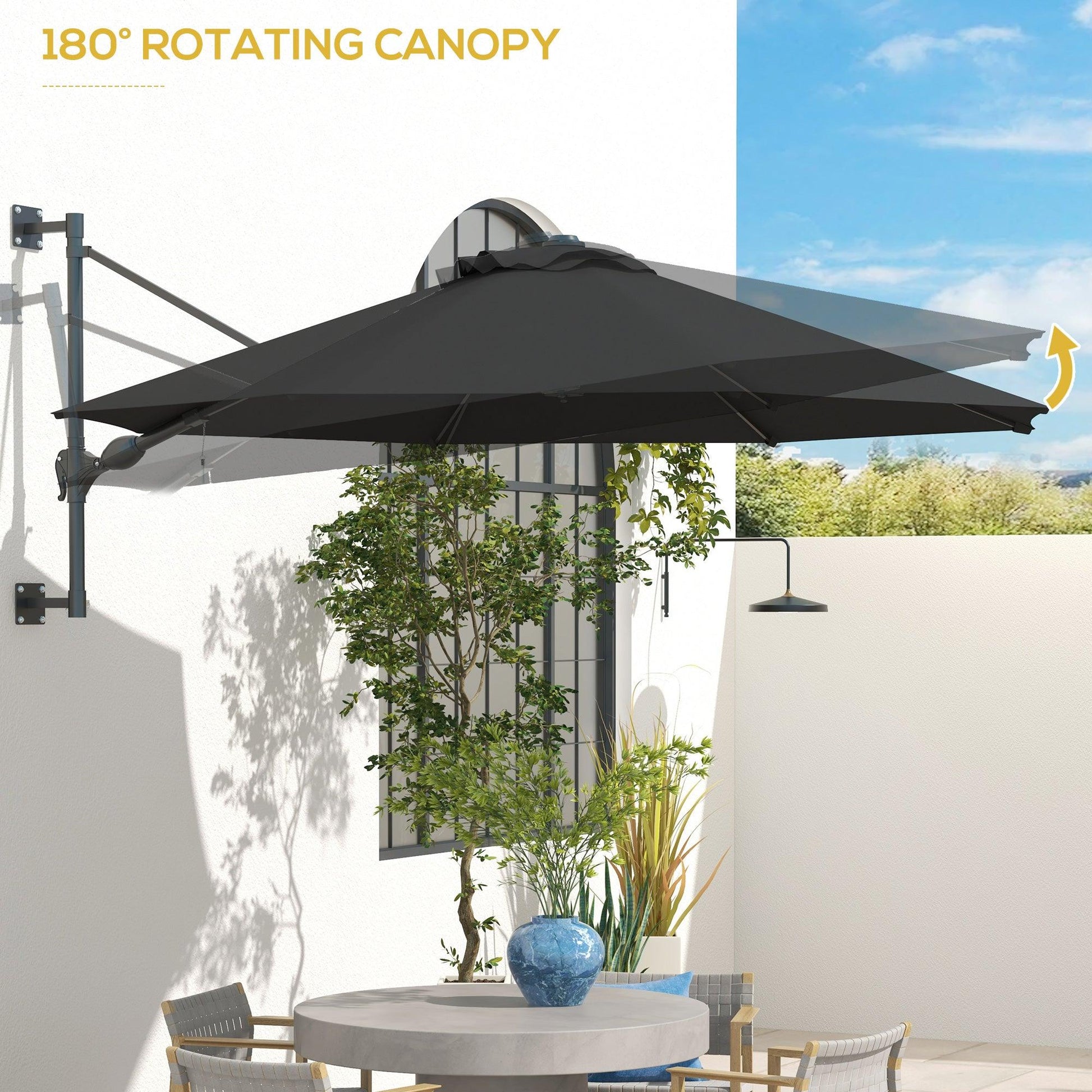 Outsunny Wall Mounted Umbrella with Vent, Garden Patio Parasol Umbrella Sun Shade Canopy, Charcoal Grey - ALL4U RETAILER LTD