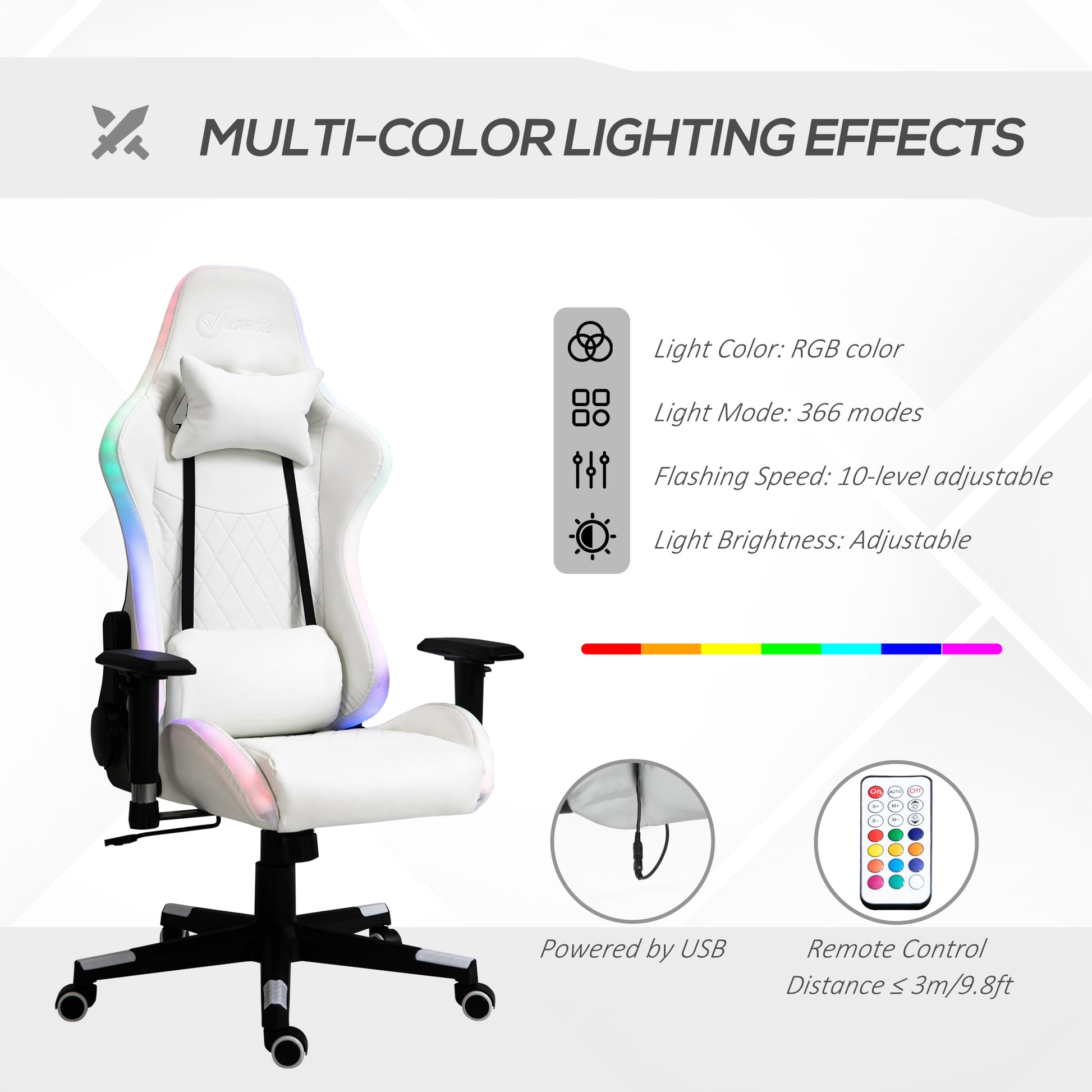 Vinsetto RGB LED Gaming Chair with Adjustable Lumbar Support, Swivel Design, and Racing Style for Home and Office - ALL4U RETAILER LTD