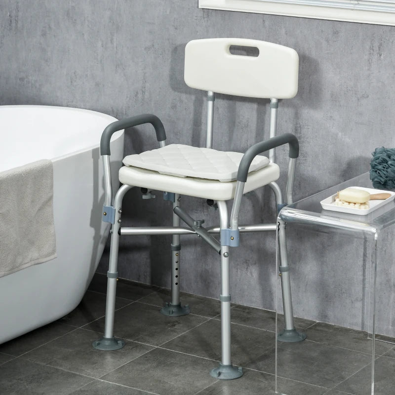 HOMCOM Aluminium Shower Chair with Backs and Arms, Height Adjustable Seat, Removable Padded Cushion, for Seniors, Disabled, Pregnant - White - ALL4U RETAILER LTD