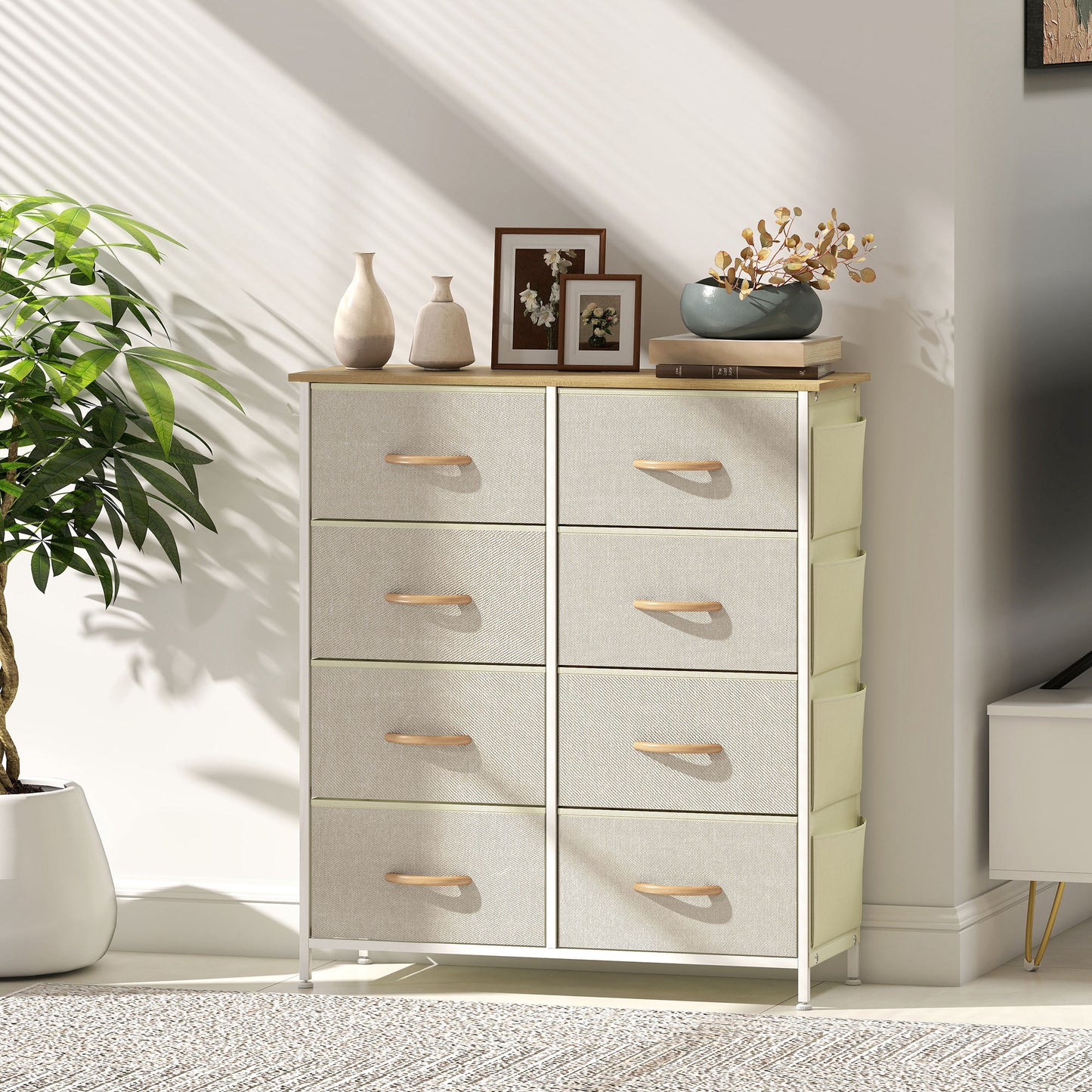 HOMCOM Chest Of Eight Fabric Drawers Beige With Steel X Frame And Four Side Pockets And Two Hooks