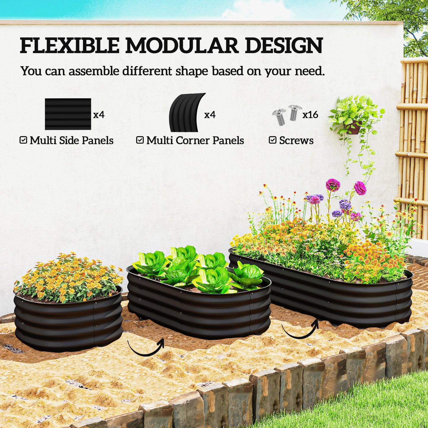 Outsunny Galvanised Raised Garden Bed Metal Planter Box With Safety Edging For Flowers Herbs And Succulents Black