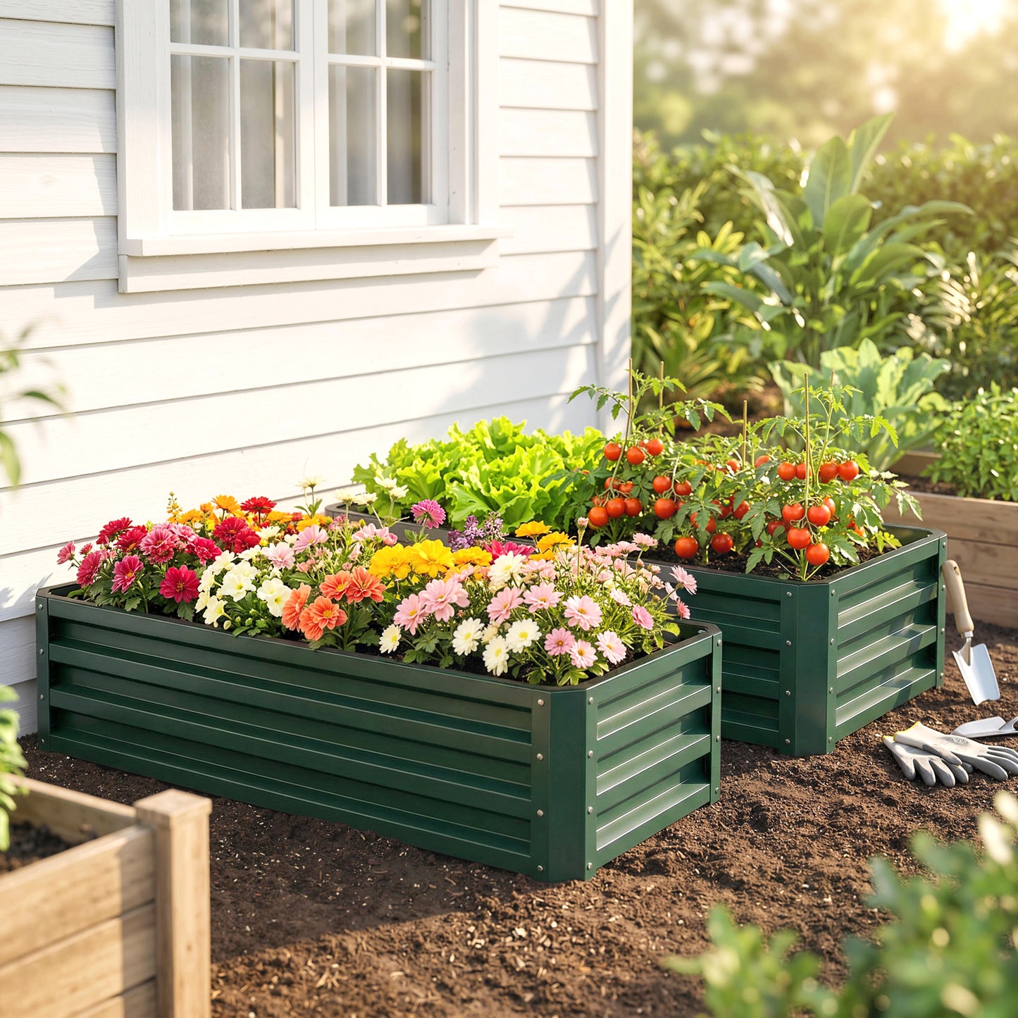 Outsunny Set Of Two 110 x 65cm Steel Planter Boxes Green Raised Garden Planters