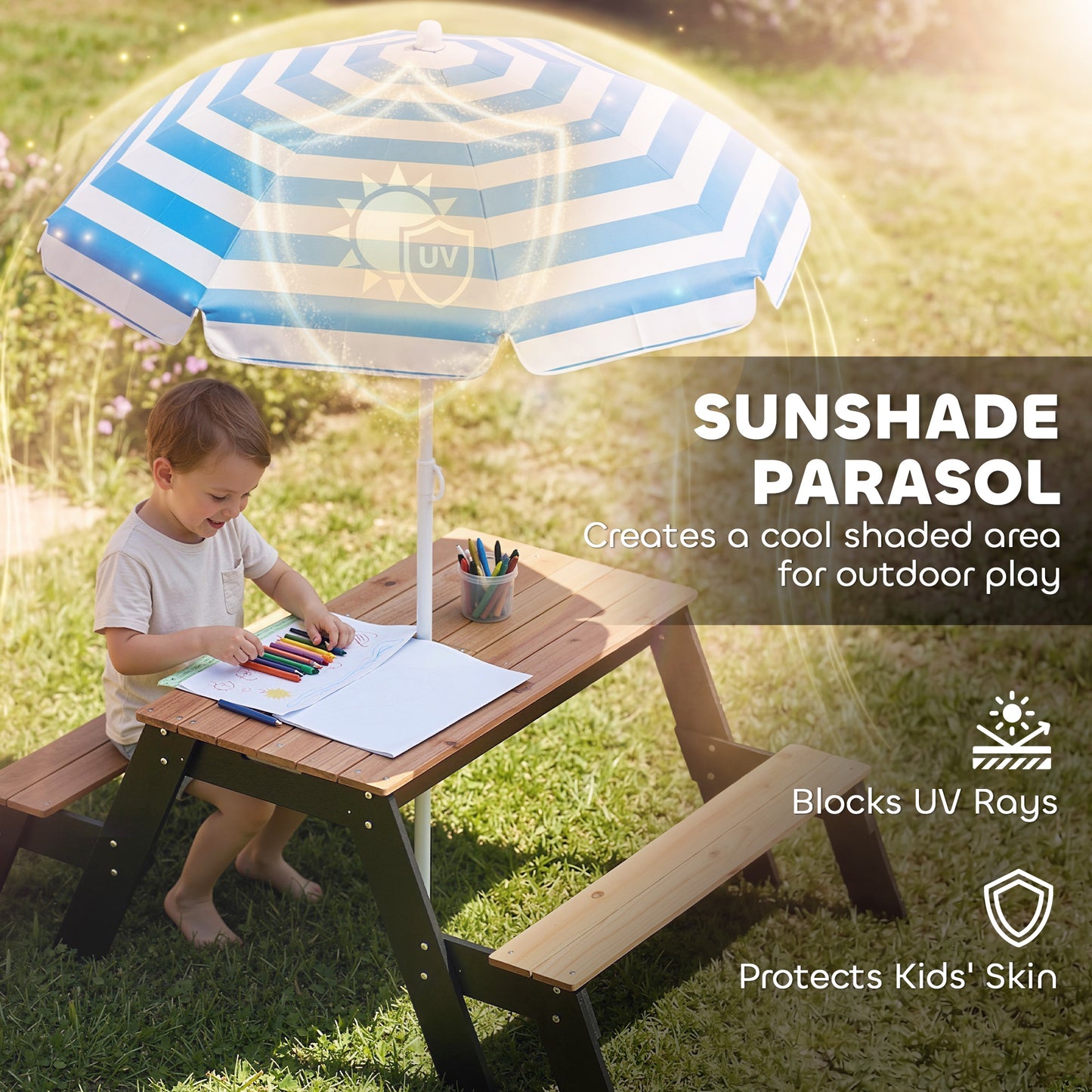 AIYAPLAY 3 In 1 Wooden Sand And Water Table Parasol Kids Garden Furniture Hidden Storage Boxes For Patio Ages 3 To 6