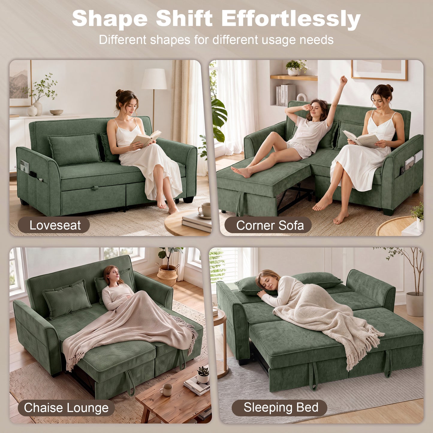 HOMCOM 2 Seater Sofa Bed 4-In-1 L-Shaped Convertible Pull-Out Sleeper Sofa Dark Green With Adjustable Backrest