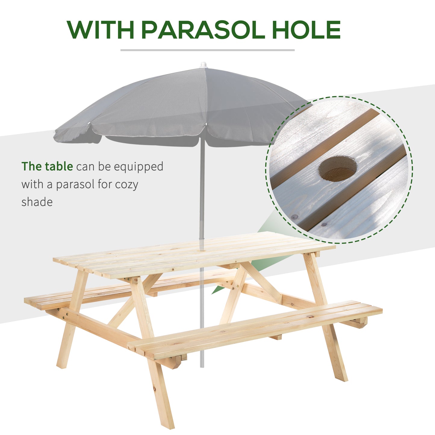 Outsunny 6 Seater Wooden Picnic Table Bench With Parasol Cutout 150 Cm Natural Wood Finish Outdoor Garden Patio
