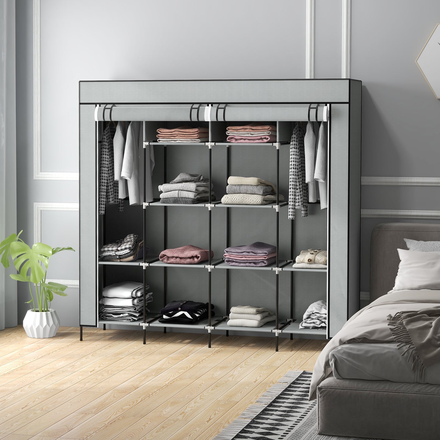 HOMCOM Fabric Wardrobe for Bedroom 10 Compartments 2 Hanging Rails and 4 Drawers 166 by 42.5 by 169.5 cm Dark Grey