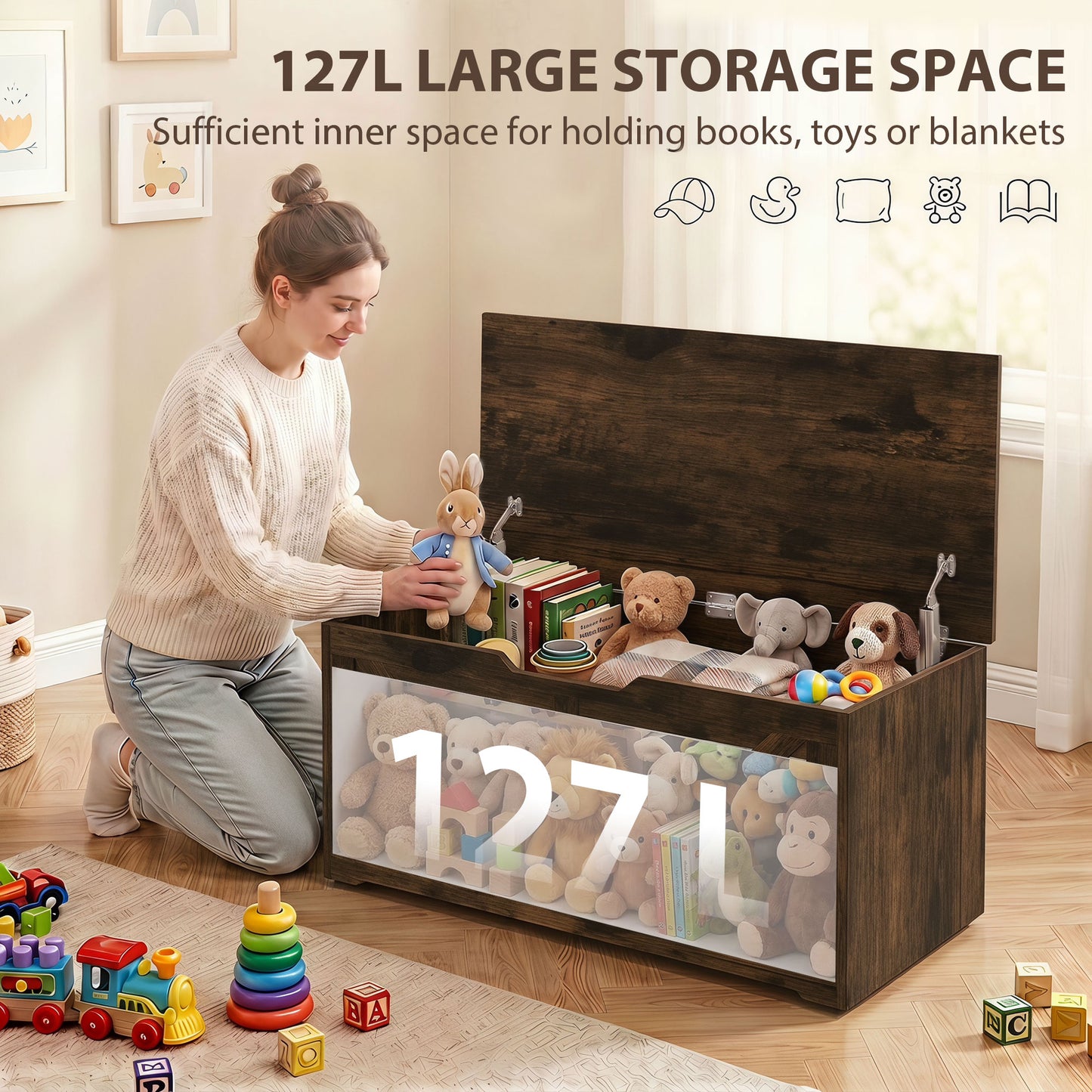 HOMCOM 127L Storage Trunk With Safety Hinges Rustic Brown Wood Effect Bench Seat