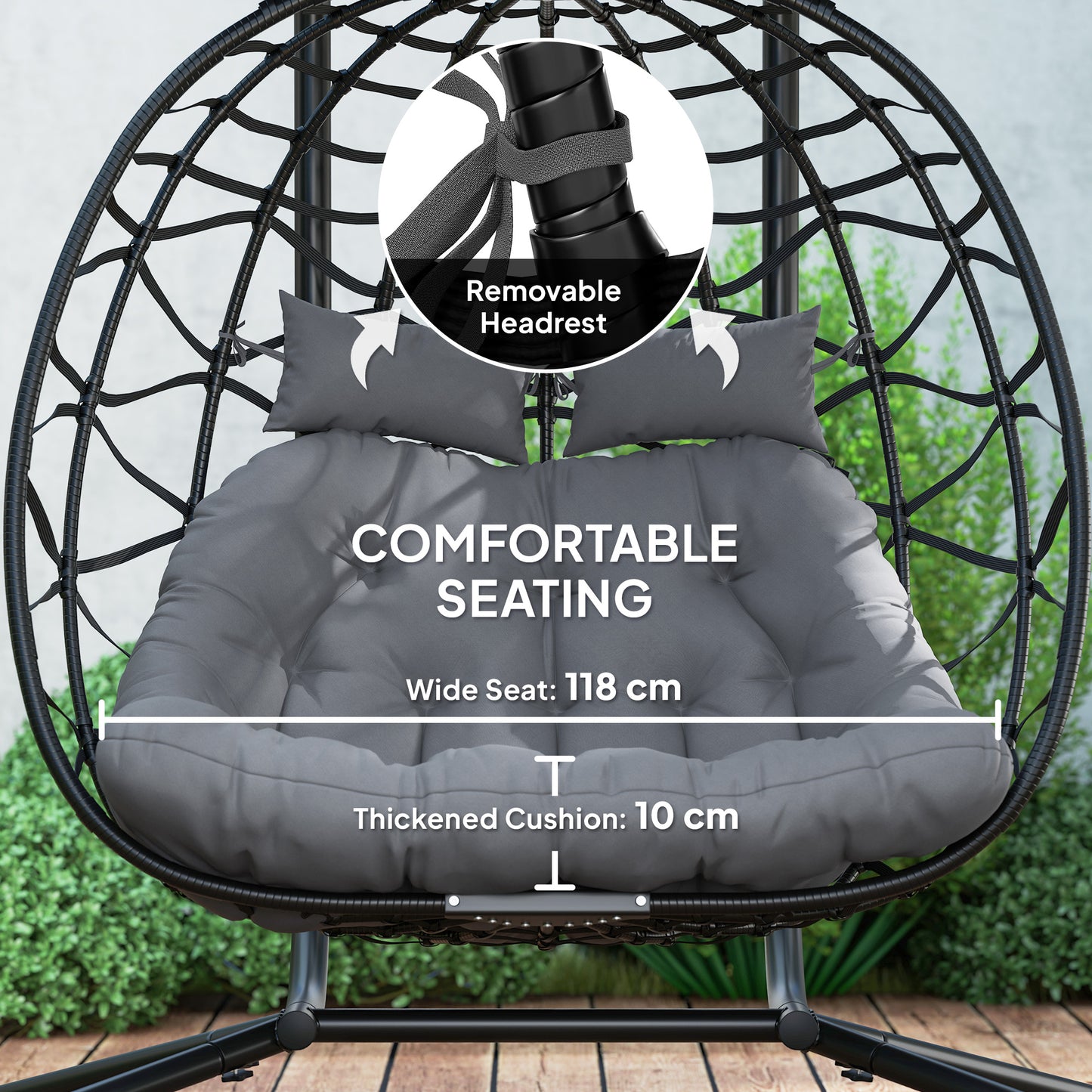 Outsunny Double Rattan Egg Chair With Canopy Powder Coated Steel Frame For Outdoor Garden Patio Two Seater Black