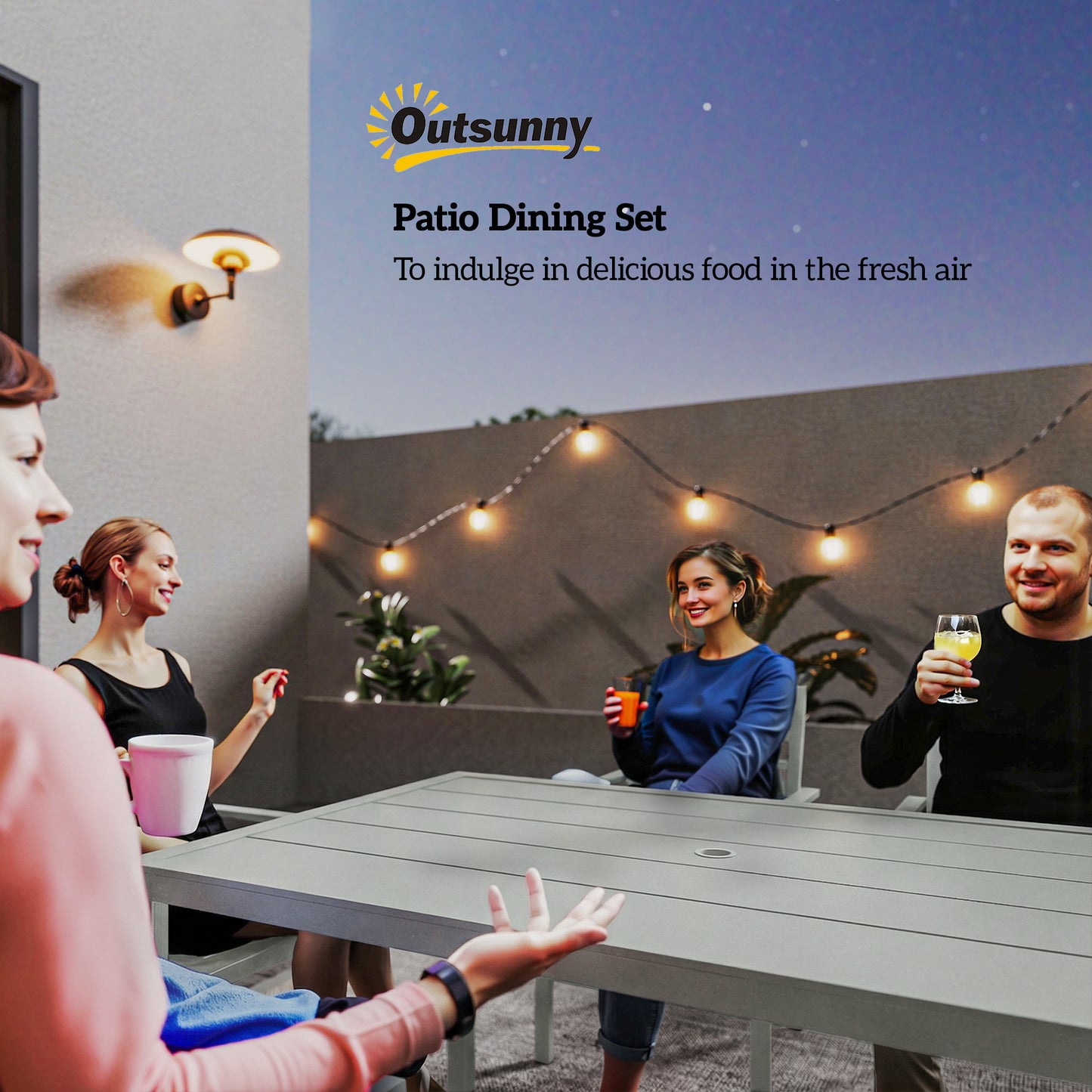 Outsunny 7 Piece Outdoor Dining Table And Chairs Set With 6 Stackable Chairs Umbrella Hole Light Grey