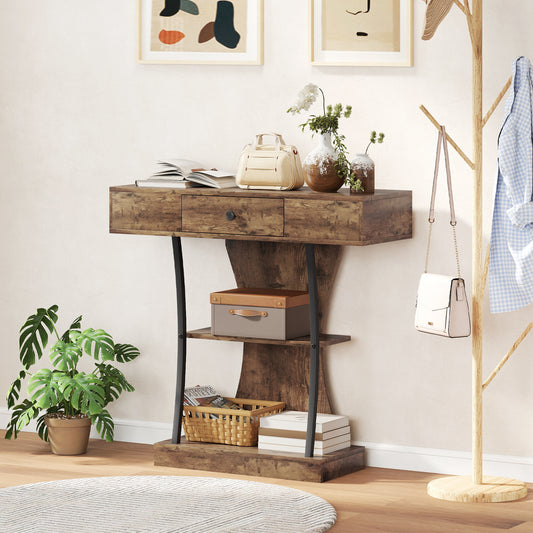 HOMCOM Console Table 3 Tier Industrial Hallway Table With Drawer And Storage Shelves Rustic Brown 91 32 87 cm