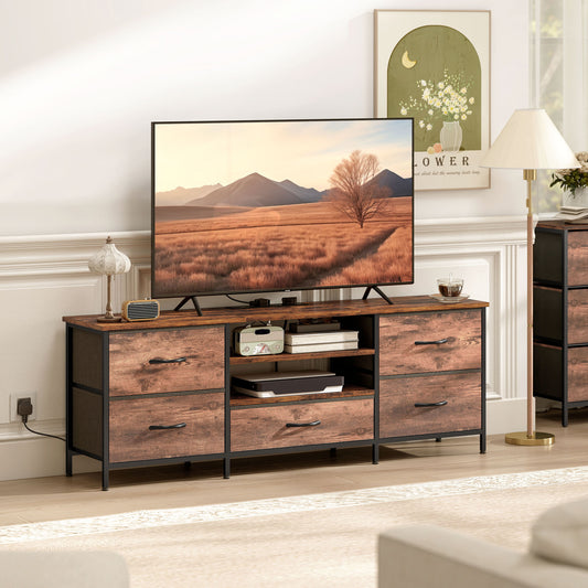 HOMCOM Multi Storage Industrial TV Stand For 65 Inch TV Dark Wood Effect With Grey Fabric Drawers And Steel Frame