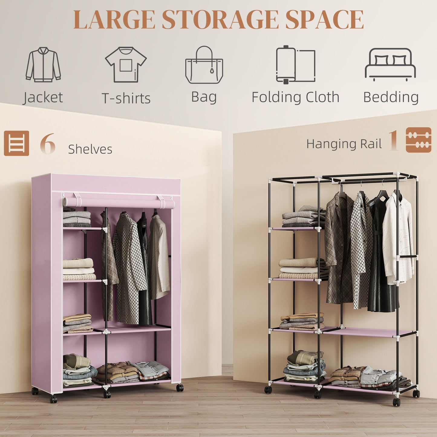 HOMCOM Fabric Wardrobe With Shelves And Hanging Rail Foldable Wardrobe Pink Portable Clothing Storage