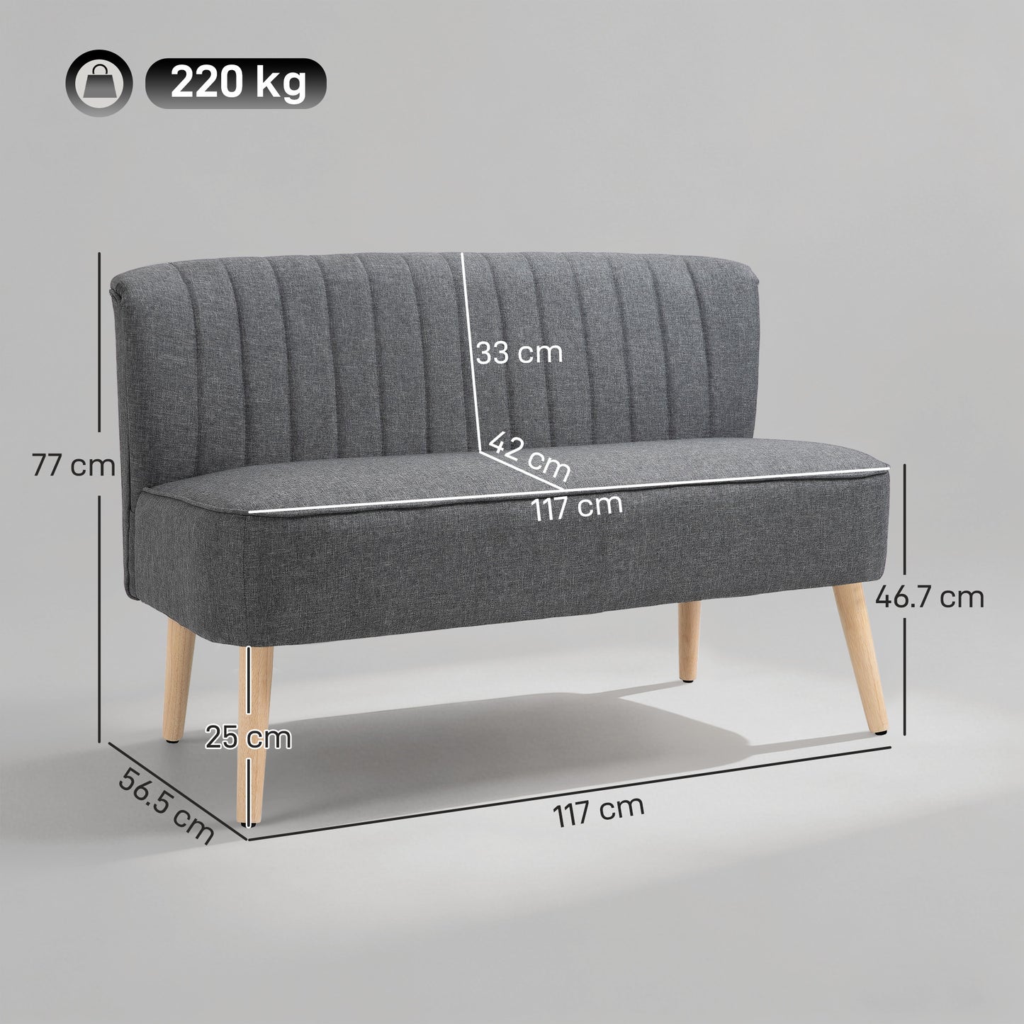 HOMCOM 46 Inch Loveseat Sofa Upholstered 2 Seater With Thick Padded Seat And Rubber Wood Legs Grey