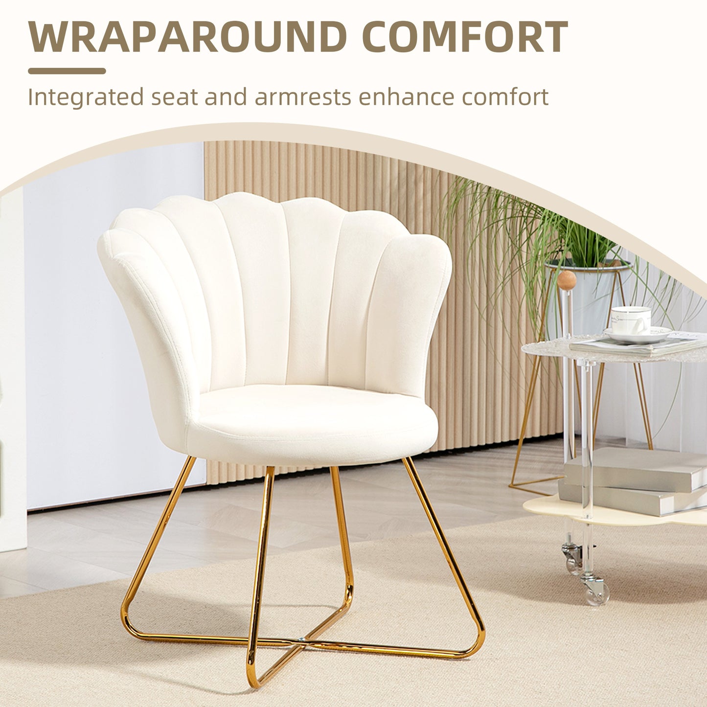 HOMCOM Velvet Feel Lotus Petal Accent Chair Cream Upholstered Living Room Bedroom Seating