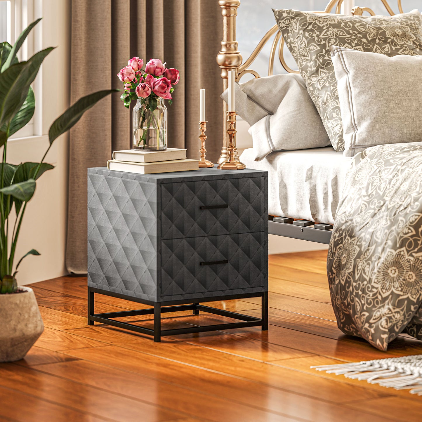 HOMCOM Bedside Tables Set Of 2 With 2 Drawers Modern Nightstands Grey Steel Legs Diamond Pattern Veneer End Tables