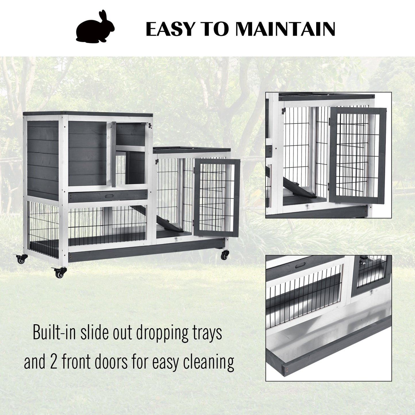 PawHut Elevated Wooden Indoor Cage Habitat for Small Animals with Enclosed Run and Wheels, Grey and White - ALL4U RETAILER LTD