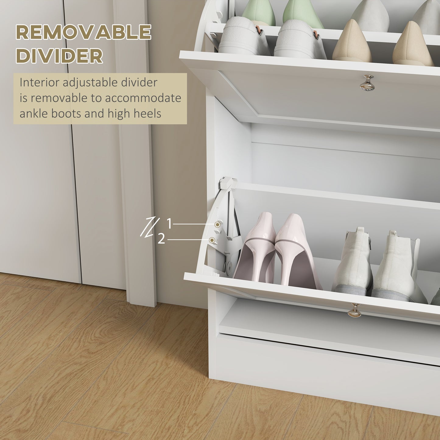 HOMCOM White Two Flip Drawer Shoe Cabinet With Adjustable Shelves Holds 8 To 12 Pairs Of Shoes Compact Stylish Storage