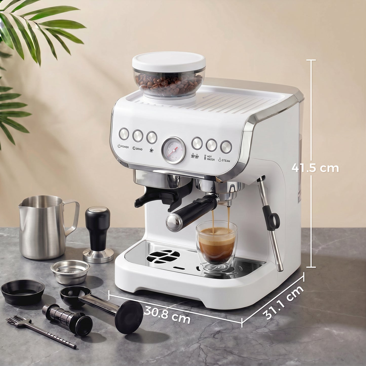 HOMCOM Bean To Cup Espresso Coffee Machine With Integrated Grinder And Steam Wand 15 Bar Pressure White