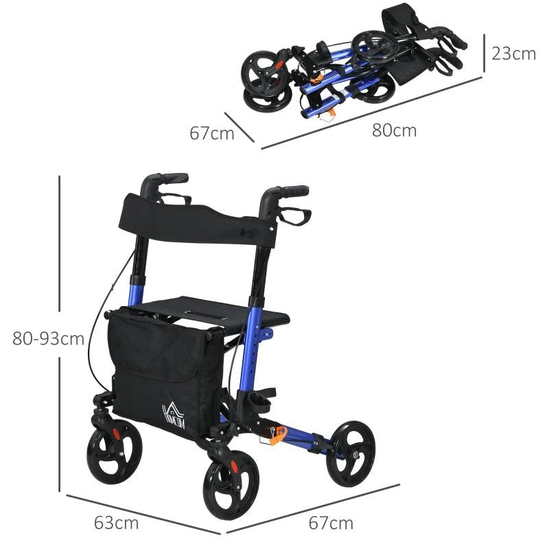 HOMCOM 4 Wheel Rollator with Seat and Back - Folding Mobility Walker with Carry Bag, Adjustable Height, Dual Brakes, Cane Holder - Lightweight Aluminium Walking Frame for Seniors and Disabled - ALL4U RETAILER LTD