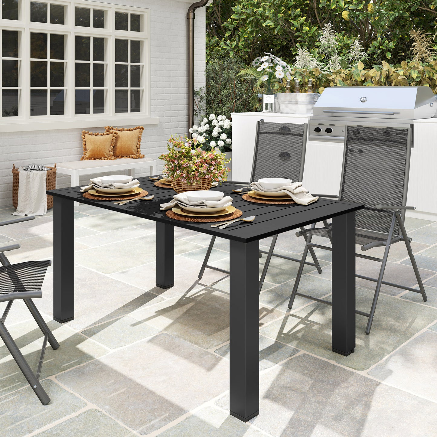 Outsunny Garden Dining Table For 6 With Parasol Hole Rectangular Outdoor Table Slatted Metal Top Steel Frame Black