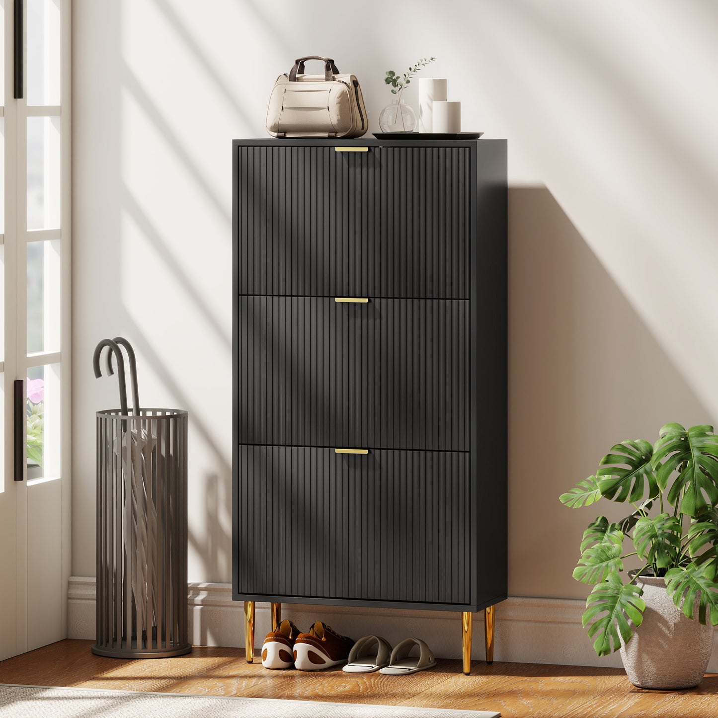 HOMCOM Elegant White Three Drawer Shoe Cabinet With Gold Accents Holds 9 To 18 Pairs And Adjustable Shelves