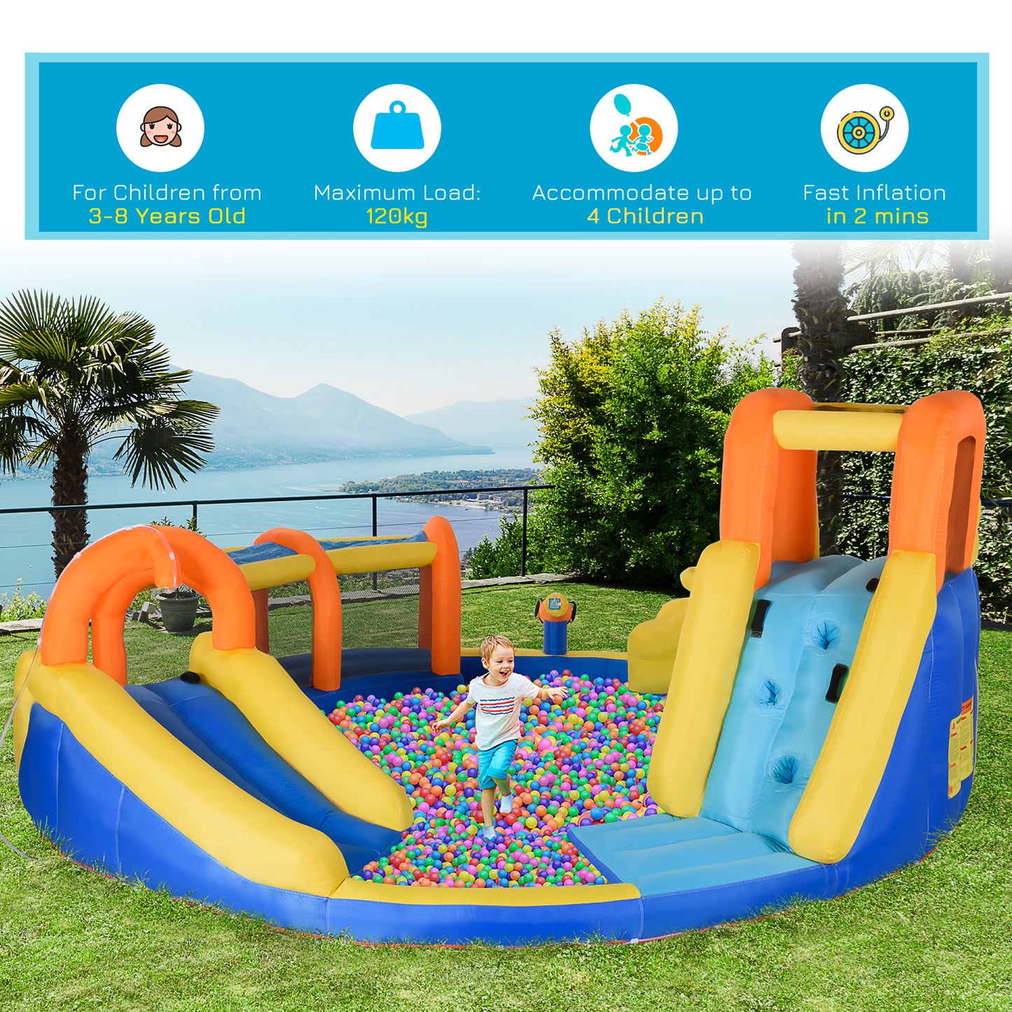 Outsunny 5-in-1 Kids Inflatable Funhouse with Slide, Water Pool, and Climbing Wall - Large Bouncy Castle for Outdoor Play, Includes 750W Inflator and Carry Bag - ALL4U RETAILER LTD