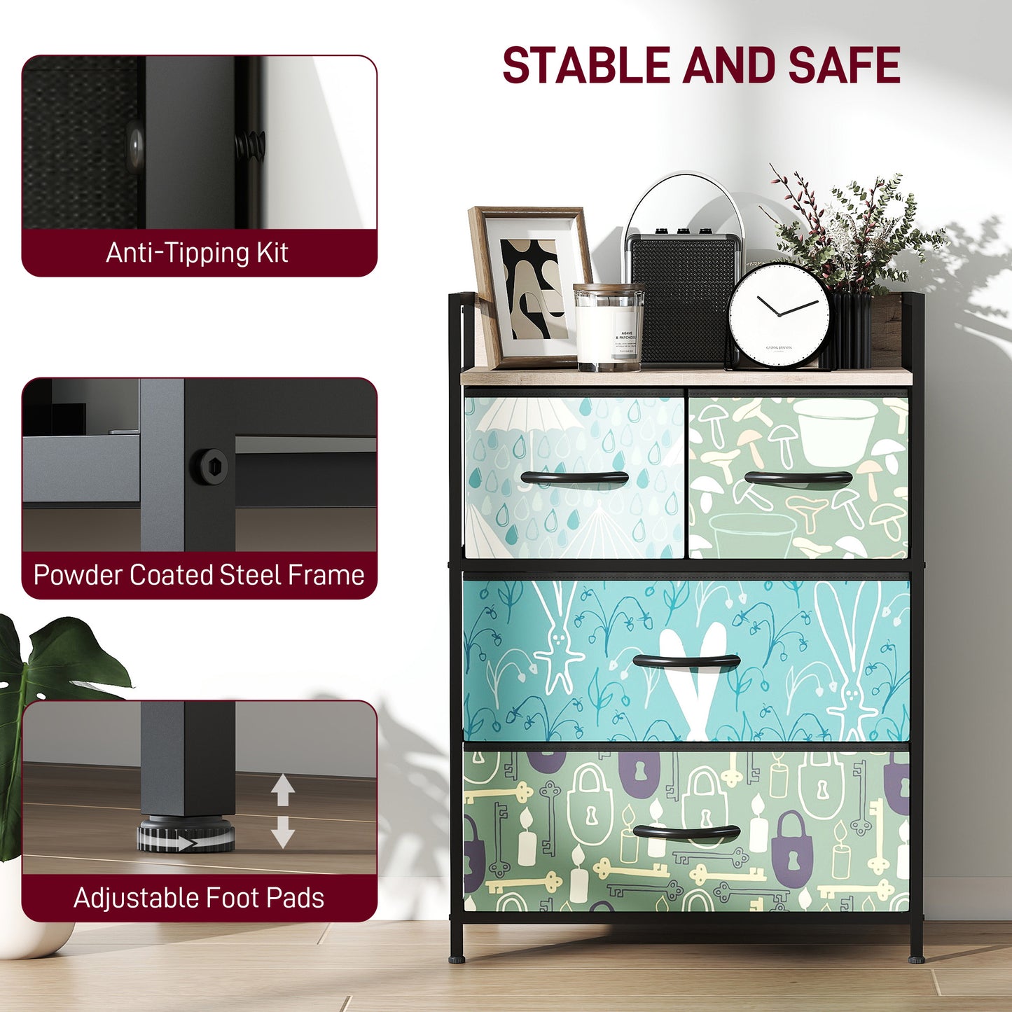 HOMCOM 4 Drawer Chest of Drawers in Blue with Removable Fabric Drawers and Patterned Panels for Stylish Bedroom Storage