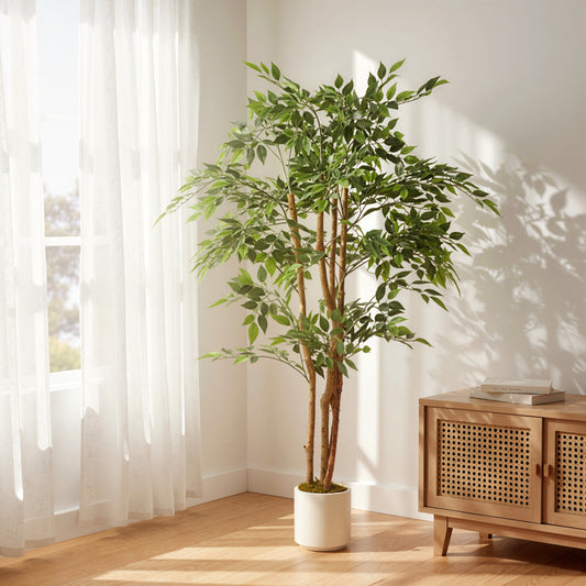 HOMCOM 150cm Artificial Ficus Tree With Solid Wood Trunk In White Pot For Indoor Decor Green Foliage