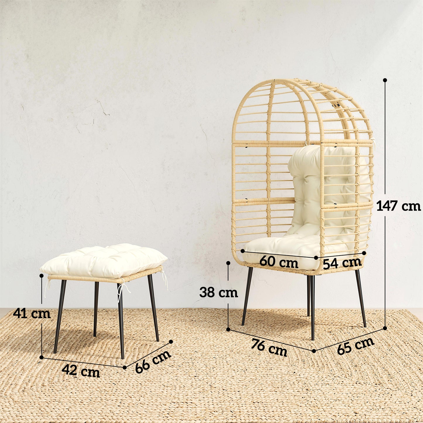 Outsunny Garden Egg Chair With Footstool Rattan Indoor Outdoor Lounge Chair And Ottoman Set Beige Cushions
