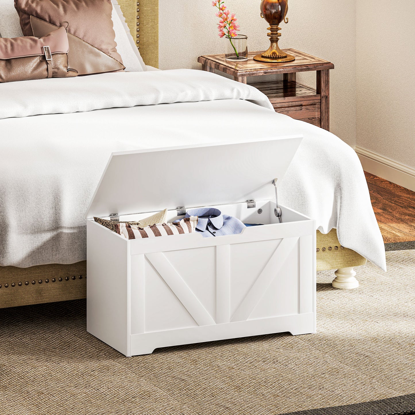 HOMCOM 100 L Home Storage Box With Safety Hinges White Wood Effect Storage Ottoman Seat