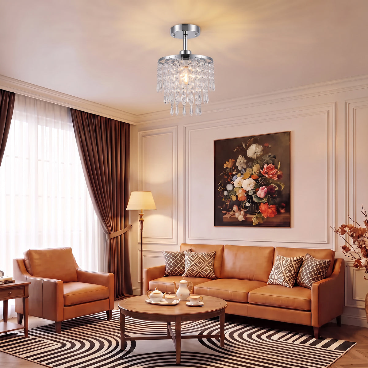 HOMCOM Crystal Ceiling Light With 57 Strands For Hallway Silver Tone