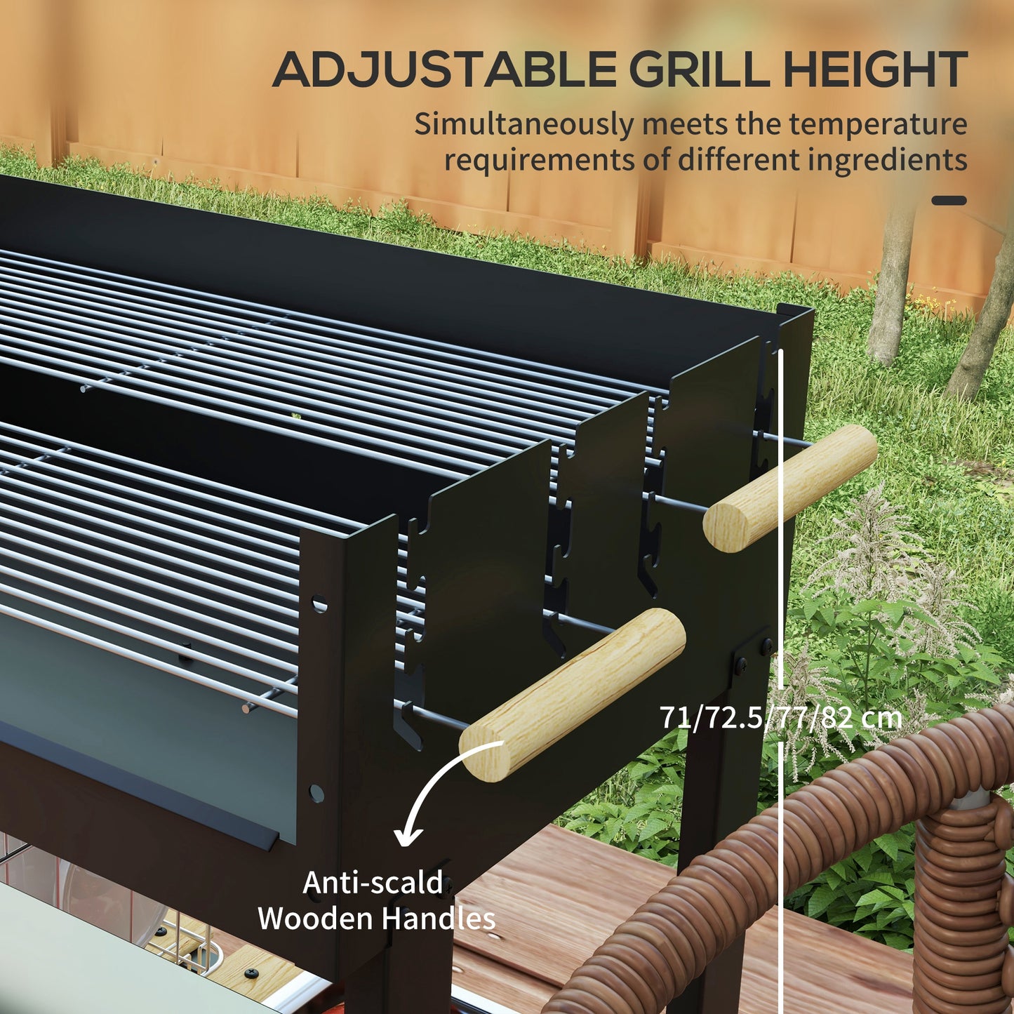 Outsunny Charcoal BBQ Grill Trolley With Double Adjustable Grill Side Table Storage Shelf And Wheels Black