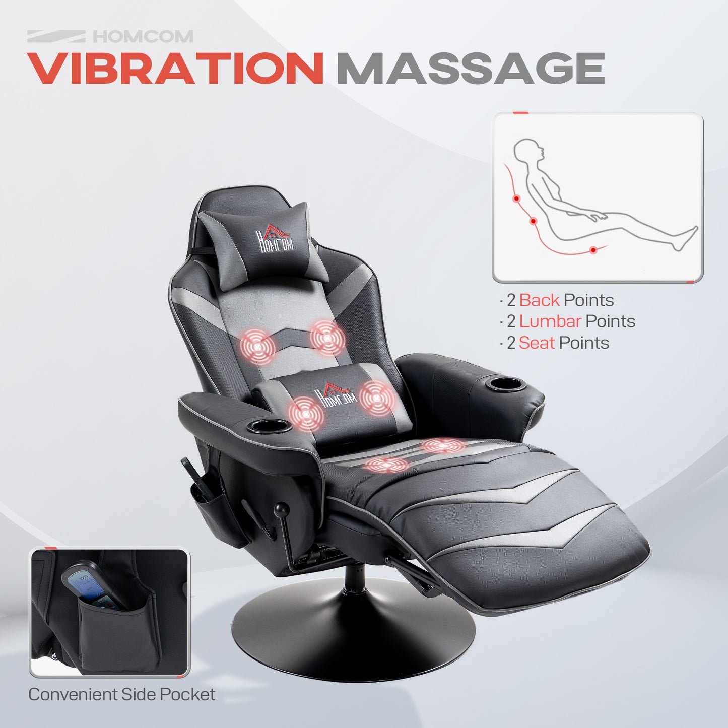 HOMCOM Small Leather Massage Recliner Chair With Ergonomic High Back Headrest And Retractable Footrest Grey